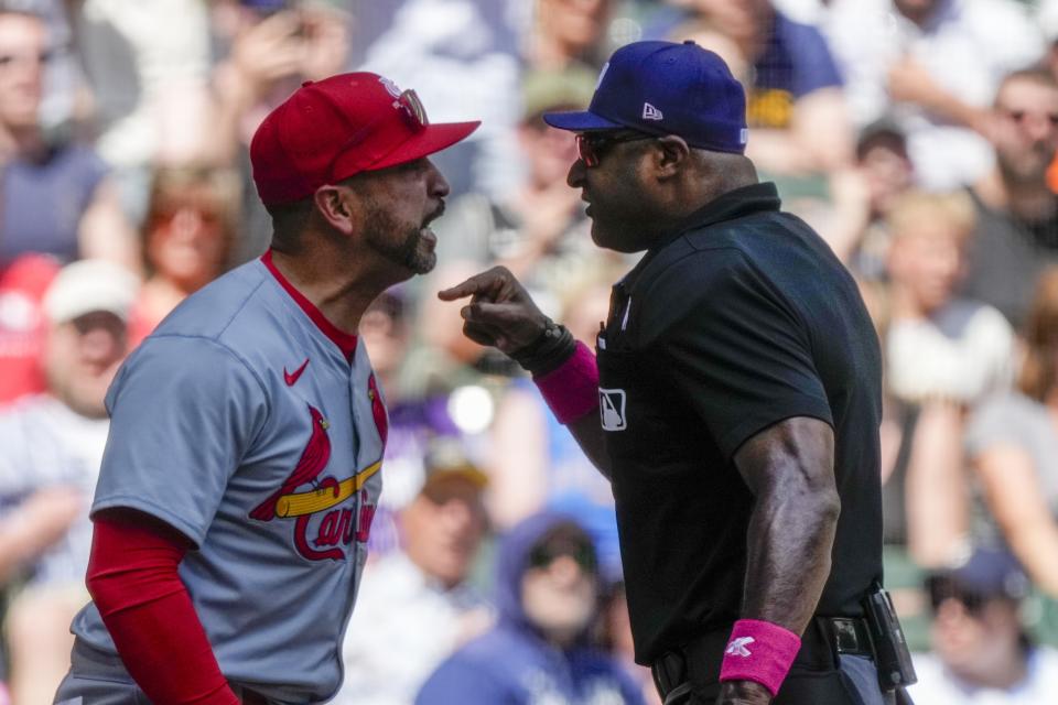 St. Louis Cardinals manager Oliver Marmol argues with home plate umpire Alan Porter during the third inning of a baseball game against the Milwaukee Brewers Sunday, May 12, 2024, in Milwaukee. Marmol was ejected from the game. (AP Photo/Morry Gash)