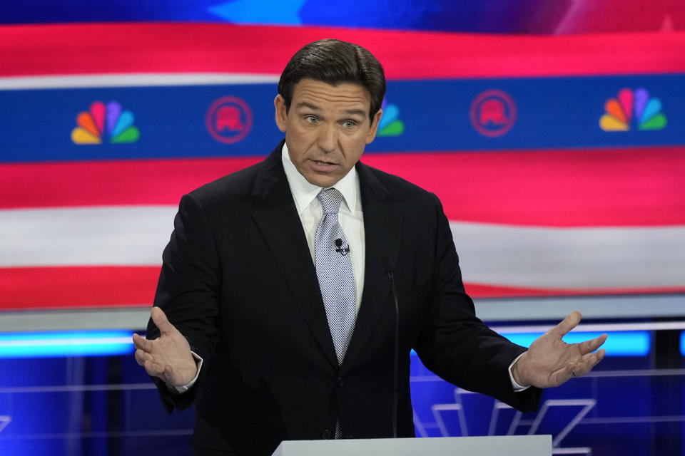 Republican presidential candidate Florida Gov. Ron DeSantis speaks during a Republican presidential primary debate hosted by NBC News, Wednesday, Nov. 8, 2023, at the Adrienne Arsht Center for the Performing Arts of Miami-Dade County in Miami. (AP Photo/Rebecca Blackwell)