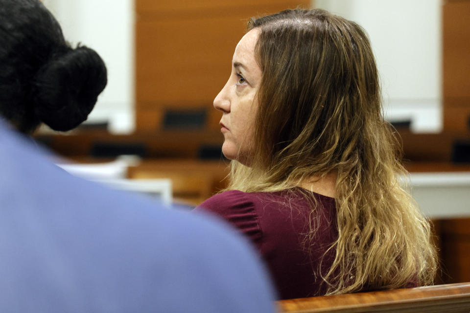 Lori Alhadeff sits in the courtroom gallery during jury preselection in the case of former Marjory Stoneman Douglas High School School Resource Officer Scot Peterson at the Broward County Courthouse in Fort Lauderdale on Wednesday, May 31, 2023. Alhadeff's daughter, Alyssa, was killed in the 2018 shootings. Jury selection began in the trial of the former Florida sheriff's deputy charged with failing to confront the shooter who killed 14 students and three staff members at a Parkland high school five years ago. (Amy Beth Bennett/South Florida Sun-Sentinel via AP, Pool)