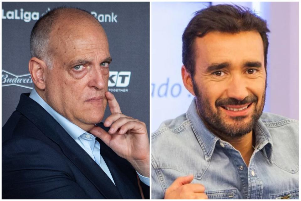 El presidente de La Liga, Javier Tebas, y el director de ‘El Partidazo de COPE’, Juanma Castaño. (Foto: Pablo Cuadra / Getty Images / COPE).