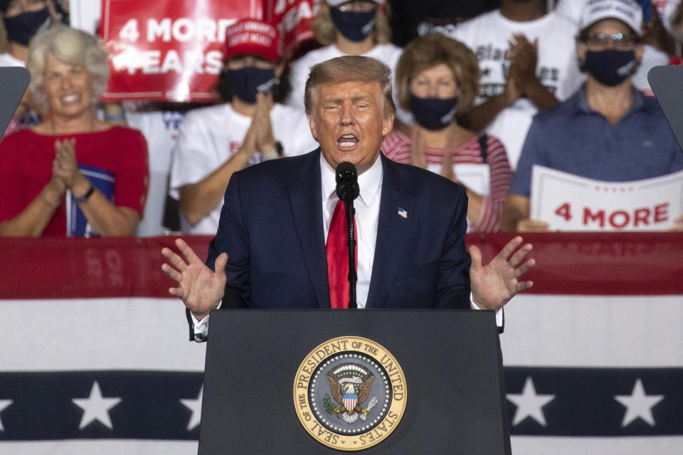 U.S. President Donald Trump speaks during a campaign rally in Winston-Salem, North Carolina, U.S., on Tuesday, Sept. 8, 2020. (Logan Cyrus/Bloomberg via Getty Images)