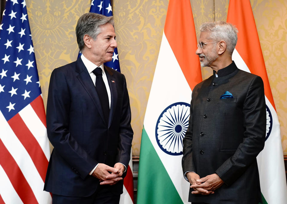 This handout photo obtained from the Indian Foreign Minister S. Jaishanker's page on X, formerly Twitter, shows U.S. Secretary of State Antony Blinken with Jaishankar in New Delhi, India, Friday, Nov. 10, 2023. The top diplomats and defense chiefs of India and the United States met in New Delhi focusing on security issues in the Indo-Pacific, China and the Israel-Hamas war. (Indian Foreign Minister S. Jaishanker via AP)