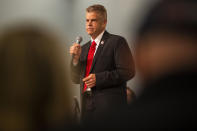 File-This April 19, 2021, file photo shows U.S. Rep. Kirk Cox, R-Va., responding to a question during a GOP gubernatorial candidate forum hosted by the College Republicans at Liberty University at Thomas Road Baptist Church in Lynchburg, Va. Tens of thousands of Virginians are casting ballots to choose nominees for governor and other statewide offices. The Republican Party is holding what it's calling an “unassembled convention” on Saturday, May 8, 2021, to select its nominees in this year's race for governor, lieutenant governor, and attorney general. Republicans haven't won a statewide race in Virginia since 2009. (Kendall Warner/The New & Advance via APFile)