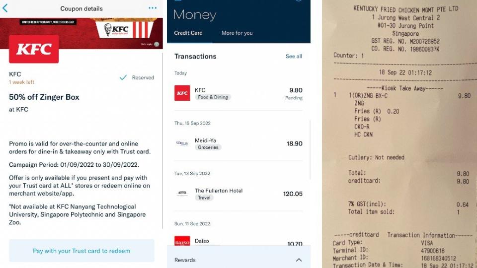 Trust credit card's in-app dining discounts and coupons, however, does not seem to work. I was, for one, tricked by this KFC 50% coupon.