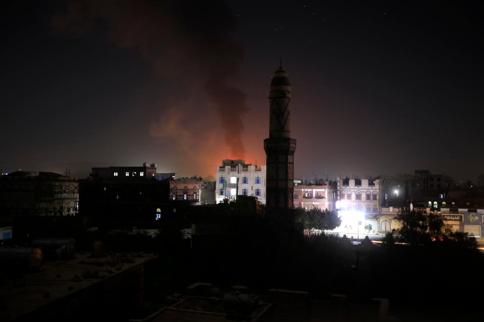 Smokes rise from a Houthi position following US and UK strikes in Sana'a, Yemen (EPA)