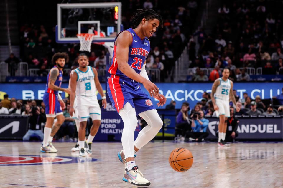 Detroit Pistons guard Jaden Ivey (23) runs back for the loose ball during the second half against the Charlotte Hornets at Little Caesars Arena in Detroit on Thursday, March 9, 2023.