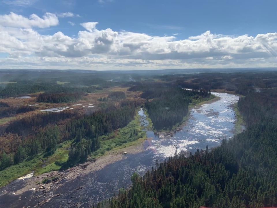 A large forest fire near the Bay d'Espoir Highway is still burning Monday but is considered about 20 per cent under control.  (Government of Newfoundland and Labrador/Twitter - image credit)