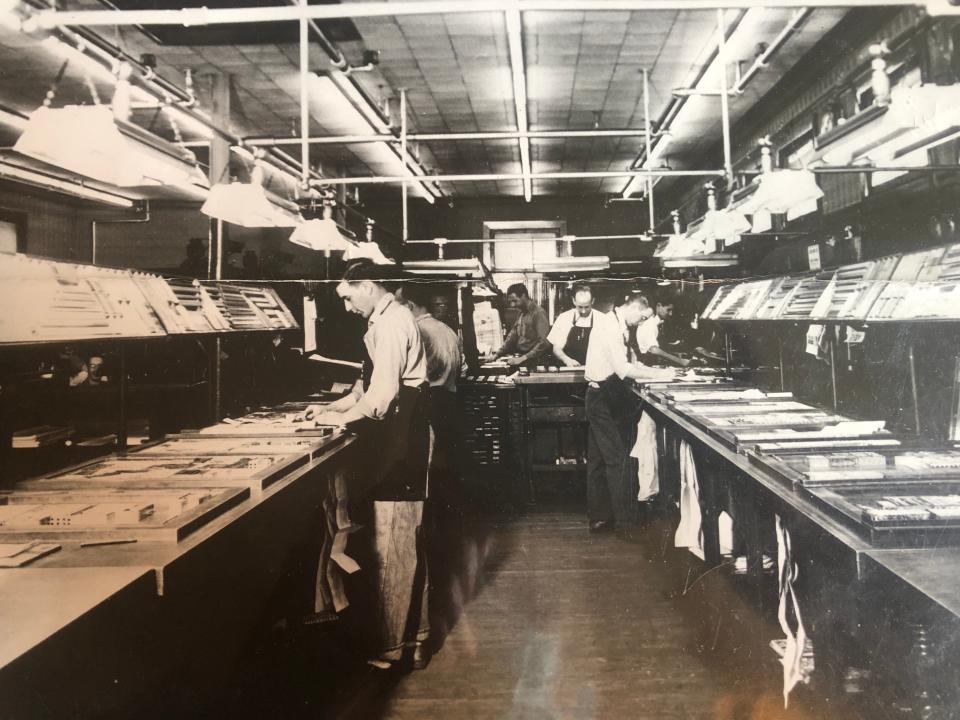 Harold Whitehouse Jr, at left, is shown in the Portsmouth Herald composing room. Whitehouse started as an apprentice for the newspaper in October 1948, and worked there nearly three decades.