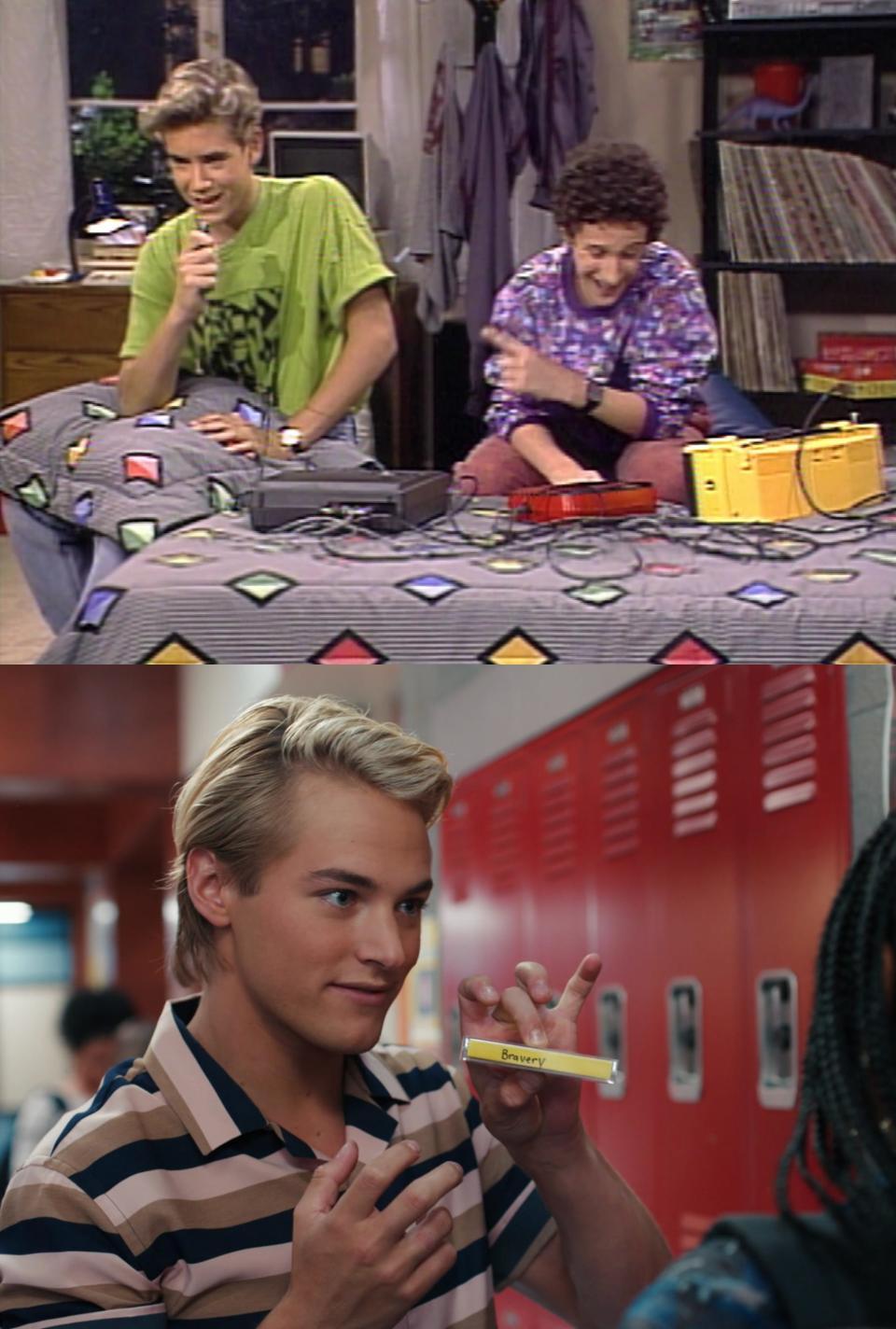 Zac and Screech recording on tapes in "Saved by the Bell" and Mac holding a cassette in the revival