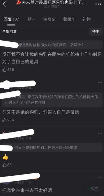 趙露思帶狗飛米蘭消息傳開後，網友罵聲一片。（圖／翻攝自微博）