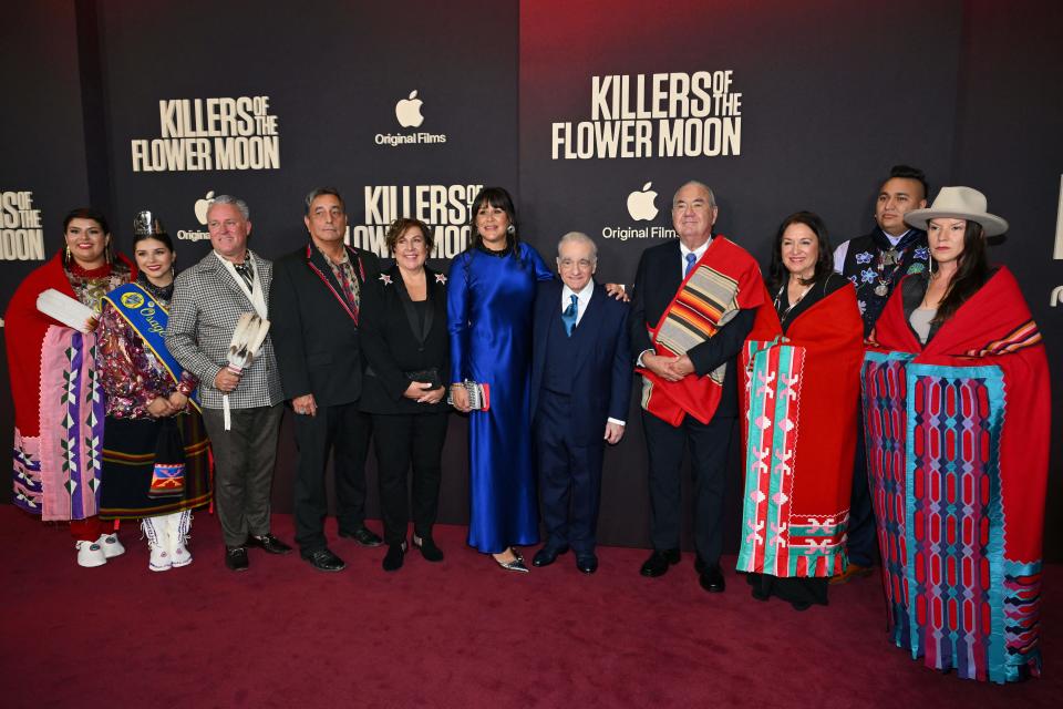 From left, Osage Nation Princess Gianna "Gigi" Sieke, Osage Nation Princess Lawren "Lulu" Goodfox, Chad Renfro, Scott George, Julie O'Keefe, Brandy Lemon, film director Martin Scorsese, Osage Nation Principal Chief Geoffrey Standing Bear, Julie Standing Bear, Christopher Cote, and Addie Roanhorse attend the premiere of Apple Original Films' "Killers of the Flower Moon" at Alice Tully Hall at Lincoln Center in New York on September 27, 2023.