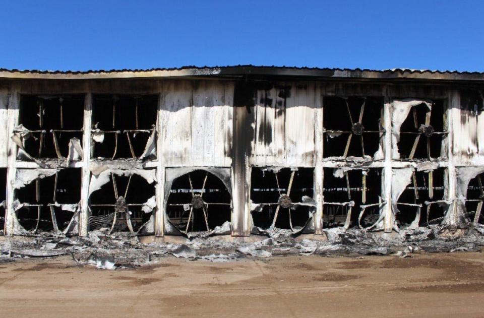 A photo from the Texas State Fire Marshal's Office report shows fans in the cross-ventilation barn melted from the fire.
