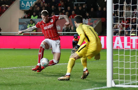 Soccer Football - Carabao Cup Semi Final Second Leg - Bristol City vs Manchester City - Ashton Gate Stadium, Bristol, Britain - January 23, 2018 Bristol City's Aden Flint scores their second goal Action Images via Reuters/Carl Recine