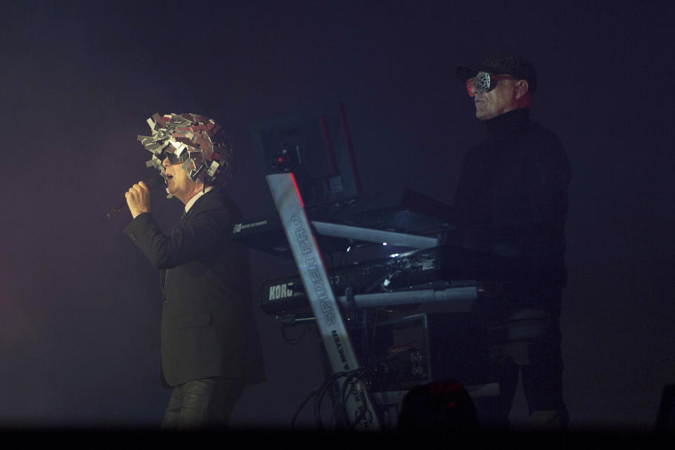 FILE - Neil Tennant, left, and Chris Lowe, of the Pet Shop Boys, perform at the Rock in Rio music festival in Rio de Janeiro, Brazil, Friday, Sept. 15, 2017. Forty years and 50 million record sales after the Pet Shop Boys rose to fame with “West End Girls,” the iconic British duo is releasing a new album. “Nonetheless” is their 15th studio album. It arrives Friday, April 26, 2024. (AP Photo/Silvia Izquierdo, File)