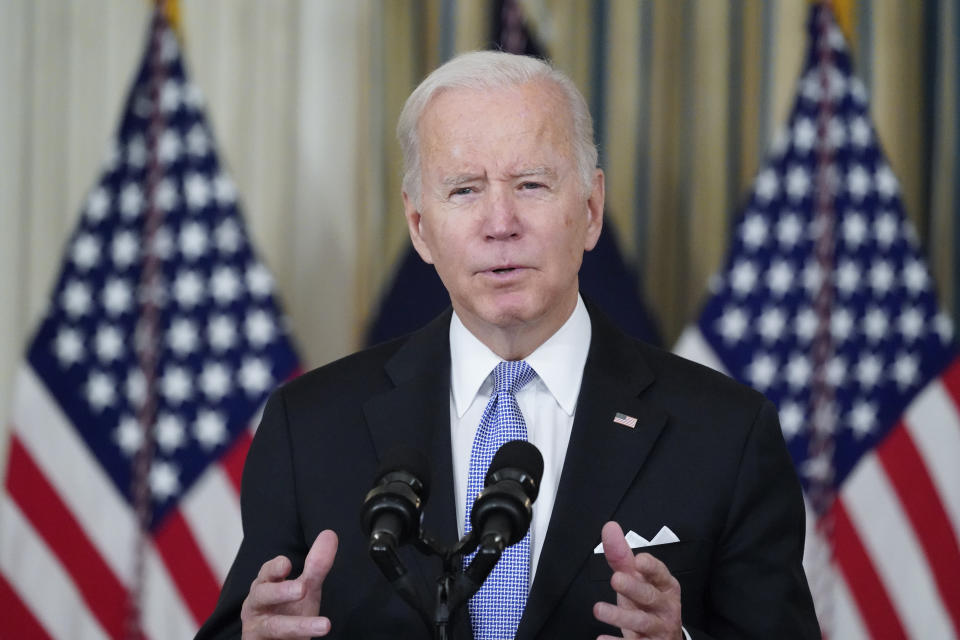 President Joe Biden speaks about the bipartisan infrastructure bill in the State Dinning Room of the White House, Saturday, Nov. 6, 2021, in Washington. (AP Photo/Alex Brandon)