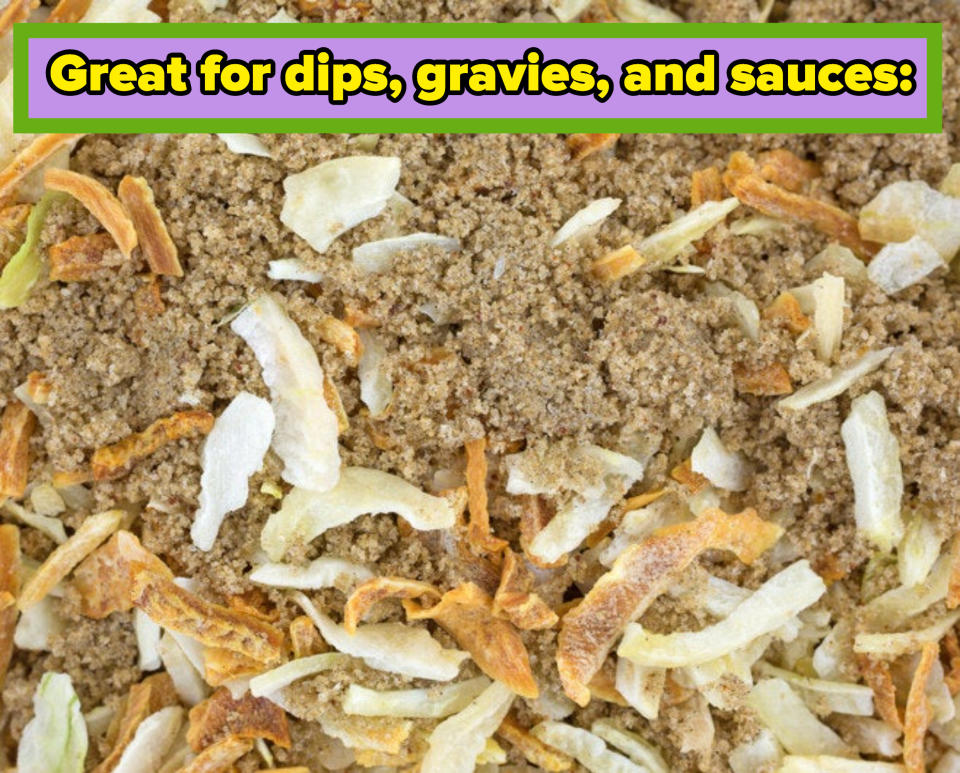 A very close view of the ingredients for onion soup mix with the text "great for dips, gravies, and sauces