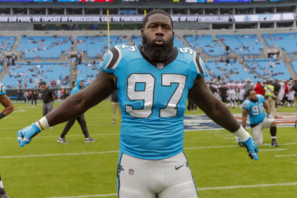 Panthers edge rusher Mario Addison will miss Sunday's game to mourn the death of his brother, Gjamal Antonio Rodriqcus. (AP Photo/Bob Leverone)