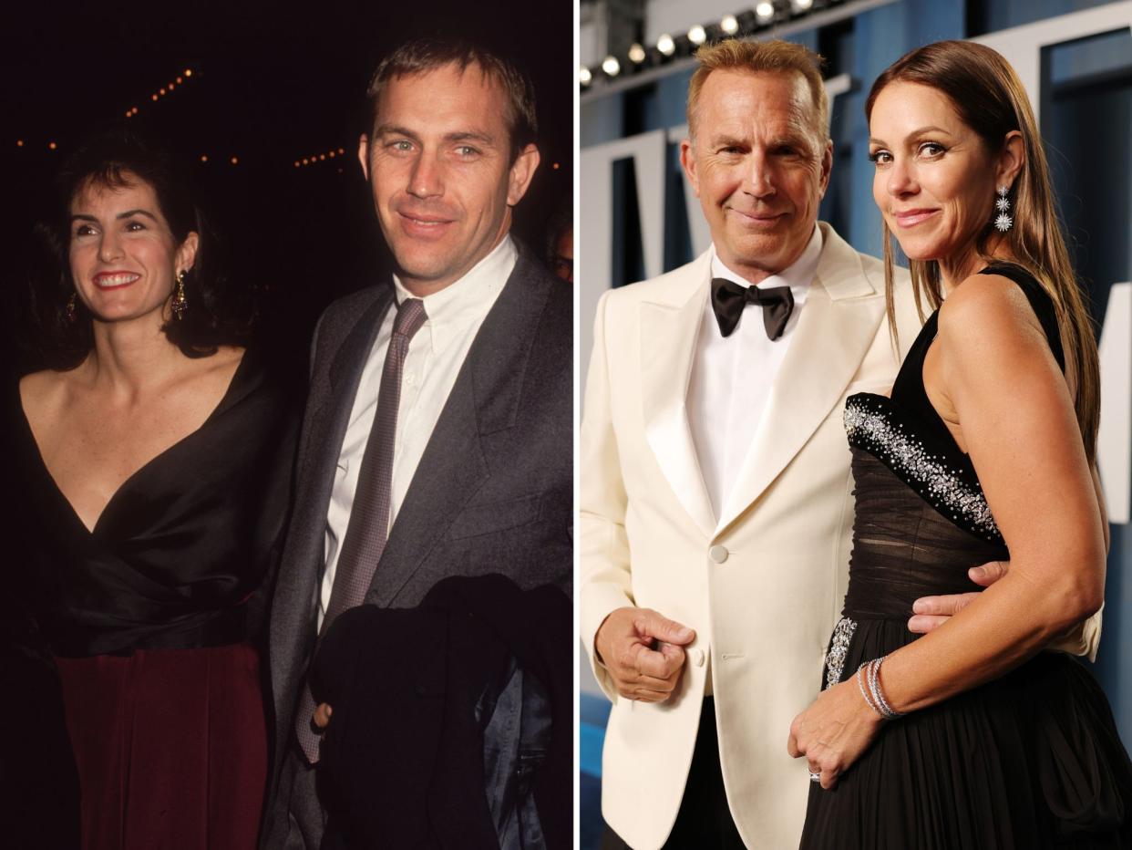 Kevin Costner with his first wife, Cindy Silva, in 1992 and his second wife, Christine Baumgartner, in 2022.