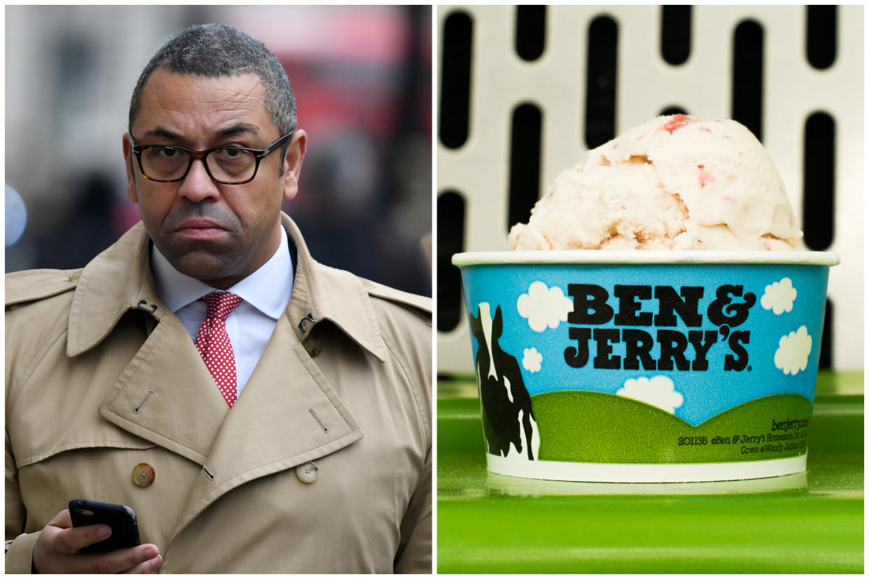 James Cleverly accused Ben and Jerry's of 'virtue signalling' after it spoke out against Priti Patel over migrants crossing the English Channel. (Getty Images/Ben & Jerry's)