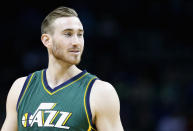 <p>CHARLOTTE, NC - JANUARY 18: Gordon Hayward #20 of the Utah Jazz watches on during their game against the Charlotte Hornets at Time Warner Cable Arena on January 18, 2016 in Charlotte, North Carolina. NOTE TO USER: User expressly acknowledges and agrees that, by downloading and or using this photograph, User is consenting to the terms and conditions of the Getty Images License Agreement. (Photo by Streeter Lecka/Getty Images)</p>