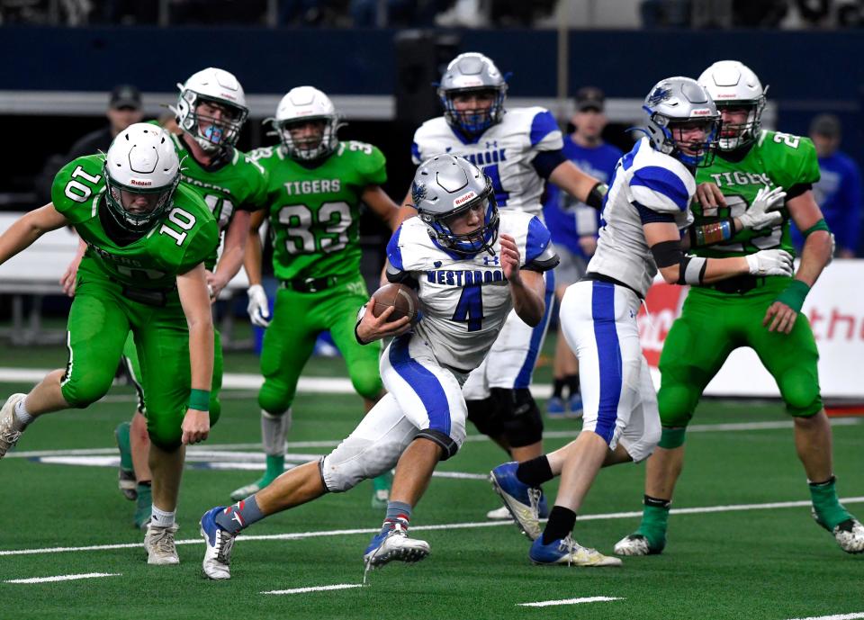 Westbrook running back Cedric Ware runs the ball in for a touchdown against May during Wednesday's Class 1A Div. I state championship game in Arlington Dec. 15, 2021.