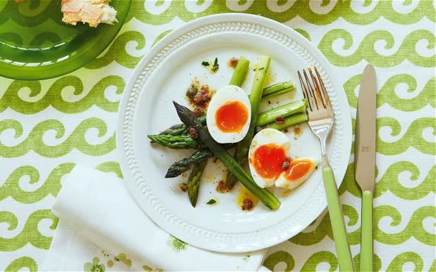 Asparagus and eggs with anchovy dressing - Yuki Sugiura