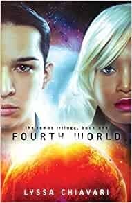 The book cover of Fourth World has a man and woman facing towards a burning ball that resembles a planet.