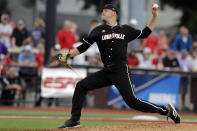 FILE - In this June 7, 2019, file photo, Louisville's Reid Detmers throws during the sixth inning in Game 1 of an NCAA college baseball super regional tournament against East Carolina, in Louisville, Ky. Detmers is expected to be an early selection in the Major League Baseball draft. (AP Photo/Darron Cummings, FIle)