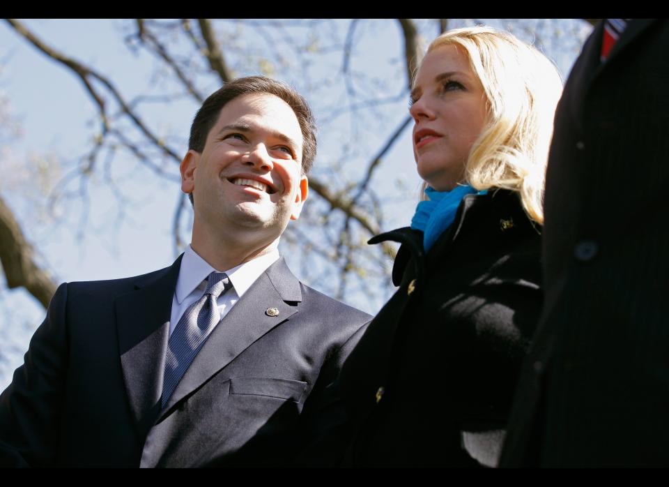 WASHINGTON, DC - MARCH 27:  Sen. Marco Rubio (R-FL) (L) and Florida Attorney General Pam Bondi participate in a news conference about the Supreme Court's second day of hearings on the constitutionality of the Patient Protection and Affordable Care Act  March 27, 2012 in Washington, DC. Bondi and 25 other attorneys general brought the case before the Supreme Court. Both Republicans and Democrats paid close attention to the questions and statements by Justice Anthony Kennedy during the court proceedings.  (Photo by Chip Somodevilla/Getty Images)