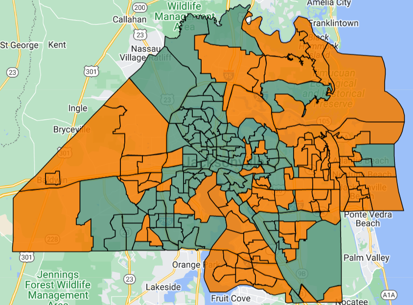 A Duval County Supervisor of Elections map shows precincts won by Donna Deegan and Daniel Davis in the race for Jacksonville mayor. Deegan, who won the election, was the leading vote-getter in green-shaded precincts and Davis lead in the orange-colored precincts.