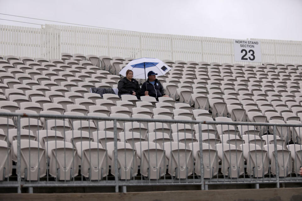  Sparsely populated stands as A-League fans brave the rain and the ongoing threat of the coronavirus (COVID-19) outbreak during the round 23 A-League match between Sydney FC and the Perth Glory at Netstrata Jubilee Stadium in Sydney, Australia. 