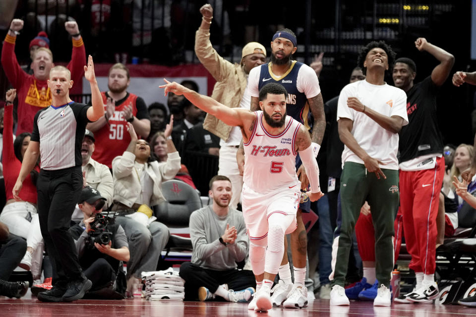 Houston Rockets guard Fred VanVleet (5) reacts after making a 3-point basket against the New Orleans Pelicans during the second half of an NBA basketball in-season tournament game Friday, Nov. 10, 2023, in Houston. (AP Photo/Eric Christian Smith)