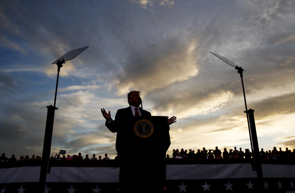 President Donald Trump speaks at a campaign rally at Minuteman Aviation Hangar, Thursday, Oct. 18, 2018, in Missoula, Mont. (AP Photo/Carolyn Kaster)