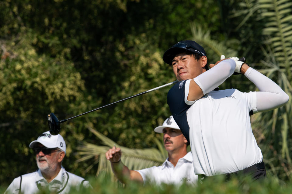 Gunn Charoenkul of Thailand hits his shot from the third tee during the second round of the LIV Golf Promotions at the Abu Dhabi Golf Club on Saturday, December 09, 2023 in Abu Dhabi, United Arab Emirates. (Photo by Montana Pritchard/LIV Golf)