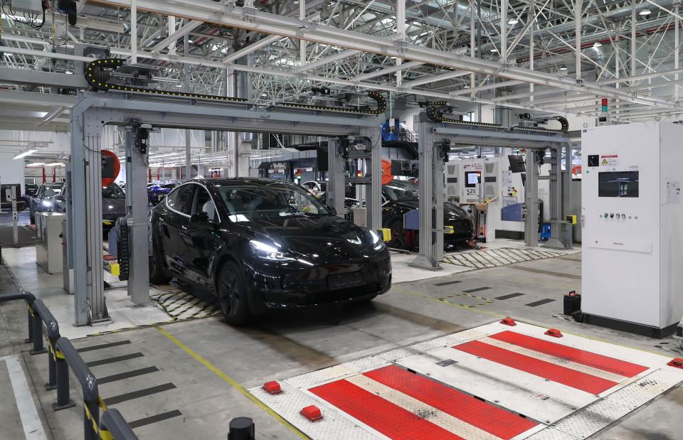 A Tesla electric vehicle undergoes electronic equipment testing before delivery at Tesla's Shanghai Gigafactory in east China's Shanghai, Dec. 22, 2023. U.S. carmaker Tesla Inc. officially launched its new mega factory project that is capable of producing 10,000 Megapacks a year in Shanghai, the company announced. A signing ceremony for land acquisition of the project was held on Friday morning in Shanghai, marking the official opening of what the company said a 