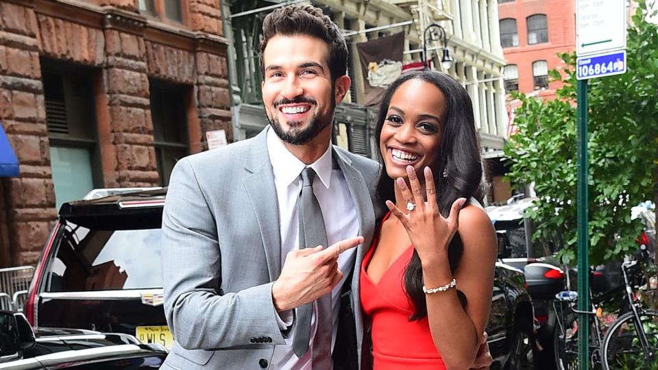 Rachel Lindsay and her fiance, Bryan Abasolo arrive at "Aol Live"