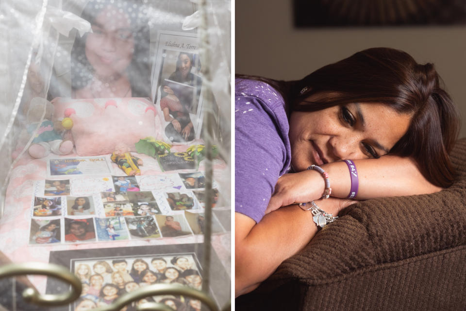 A memorial to Eliahna Torres, who was killed in the massacre at Robb Elementary School last year, in a canopy bed she dreamt of having at her mom’s house on April 26, 2023 in Uvalde, Texas. (Jordan Vonderhaar for NBC News)