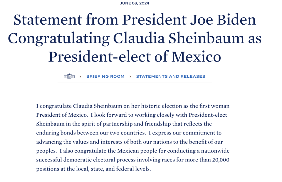 Comunicado de la Casa Blanca felicitando a Claudia Sheinbaum