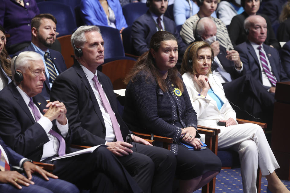 From left, Rep. Steny Hoyer, D-Md., House Minority Leader Kevin McCarthy of Calif., Ukraine's Ambassador to the United States, Oksana Markarova, and House Speaker Nancy Pelosi of Calif., listen as Olena Zelenska, the first lady of Ukraine, addresses members of Congress on Capitol Hill in Washington, Wednesday, July 20, 2022. (Michael Reynolds/Pool Photo via AP)