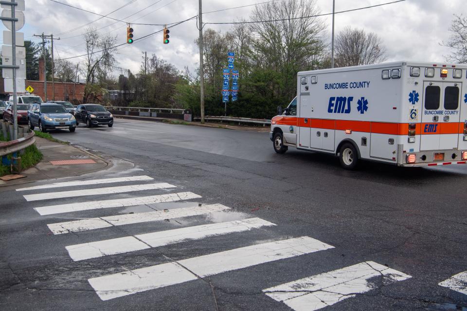 The crosswalk along Haywood Road at the I-240 exit.