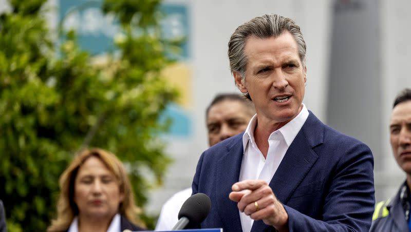 California Gov. Gavin Newsom speaks during a news conference in Paramount, California, Monday, May 1, 2023. Late Monday, June 12, 2023, Newsom sparred with Fox News host Sean Hannity, insisting President Joe Biden is physically fit for a second term as president while refusing to say whether supporters have urged him to replace Biden on the 2024 ballot.