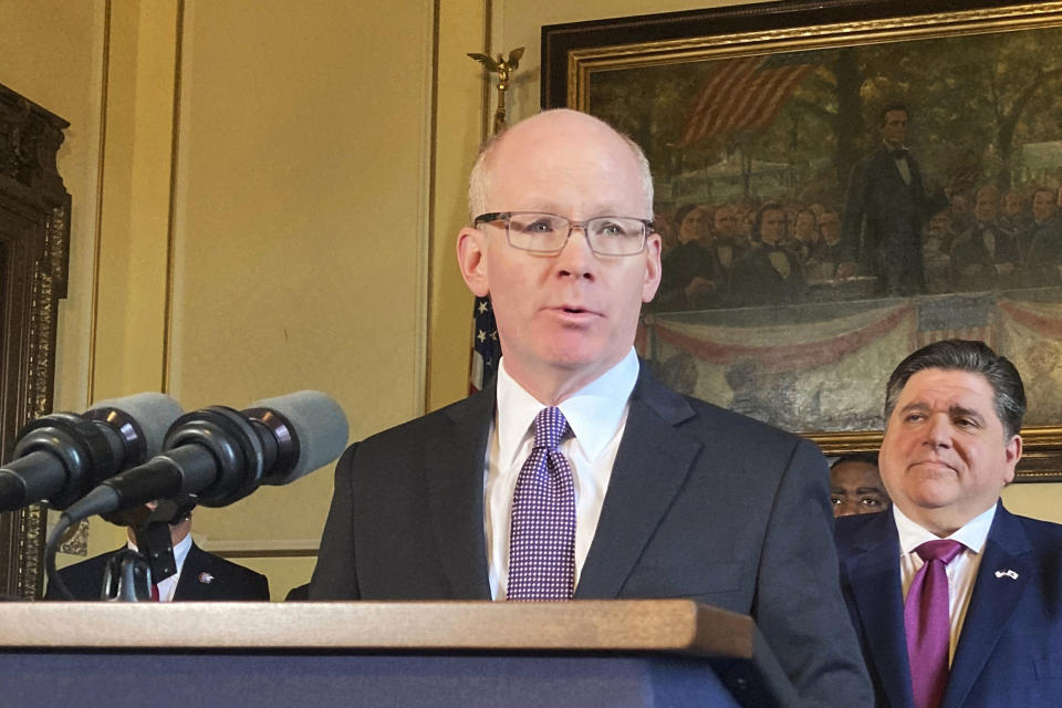 FILE - Illinois Senate President Don Harmon, D-Oak Park, speaks during a news conference, Nov. 29, 2022, in Springfield, Ill. Illinois will soon outlaw advertising for firearms that officials determine produces a public safety threat or appeals to children, militants or others who might later use them illegally, as the state continues its quest to curb mass shootings. (AP Photo/John O'Connor, File)