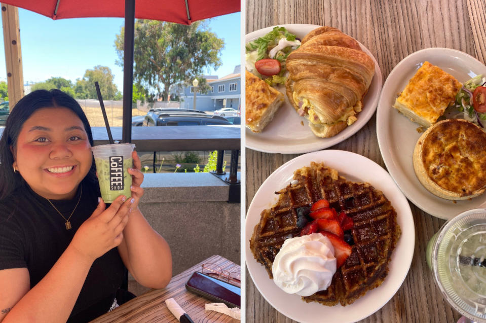 Dannica is holding up her delicious pistachio matcha tea latte, and also showing off the brunch she ate