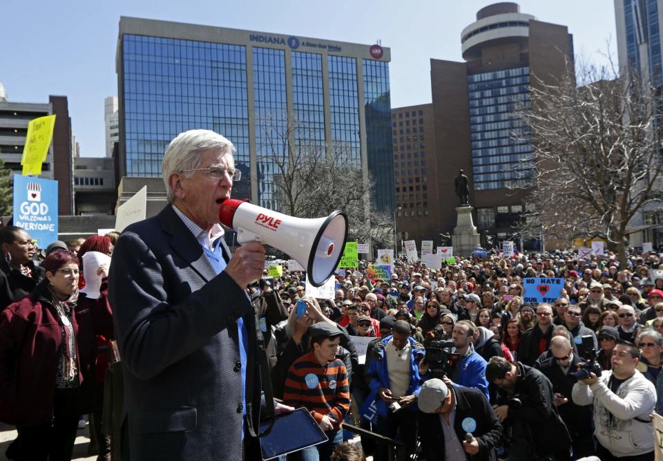 Democratic Indiana State Representative Ed Delaney speaks to demonstrators gathered to protest a controversial religious freedom bill recently signed by Governor Mike Pence, in Indianapolis March 28, 2015. More than 2,000 people gathered at the Indiana State Capital Saturday to protest Indiana's newly signed Religious Freedom Restoration Act saying it would promote discrimination against individuals based on sexual orientation. (REUTERS/Nate Chute)