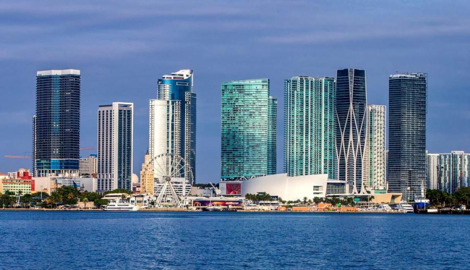 Miami skyline, including Bayside Markeplace, Freedom Tower and the Miami Heat arena.