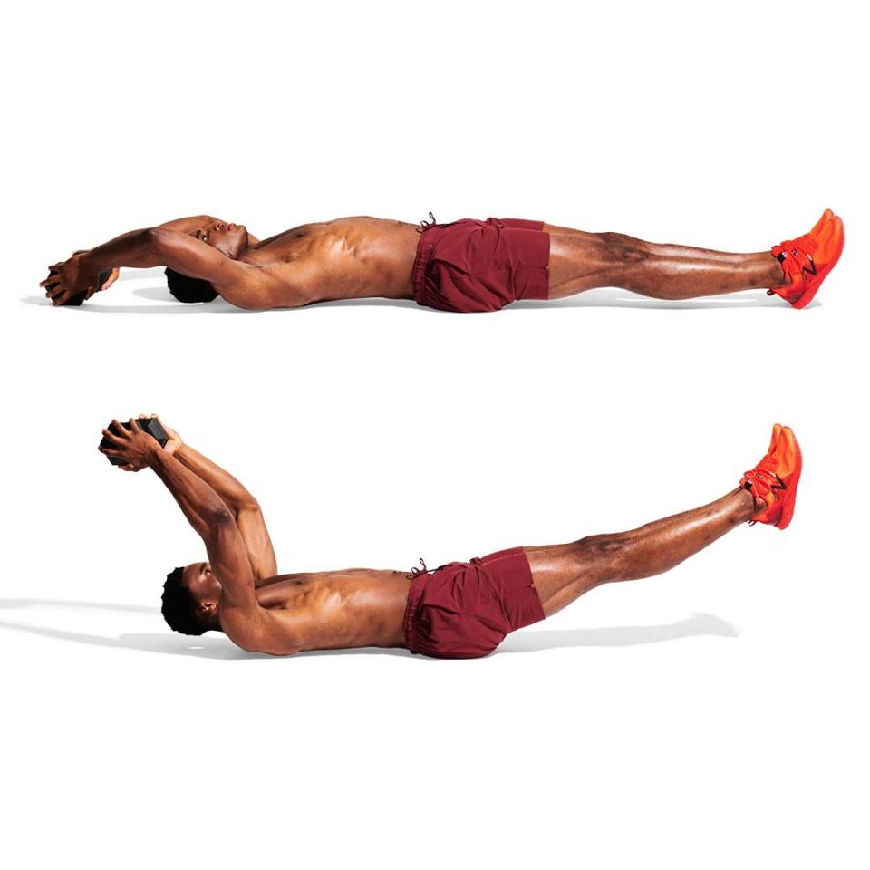 <p>Hold a weight and lie with your legs straight, arms overhead (A). Squeeze your core. Lift your arms, shoulders and legs off the floor. Hold, pressing your lower back down (B). Rock back and forth.<br></p>