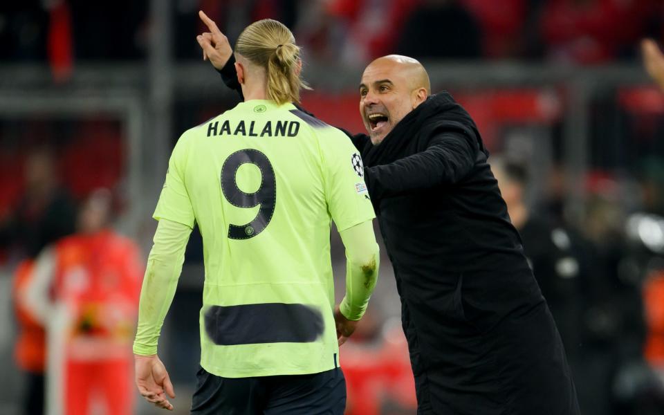 Pep Guardiola, Manager of Manchester City, talks to Erling Haaland of Manchester City during the UEFA Champions League quarterfinal - Getty Images/Matthias Hangst