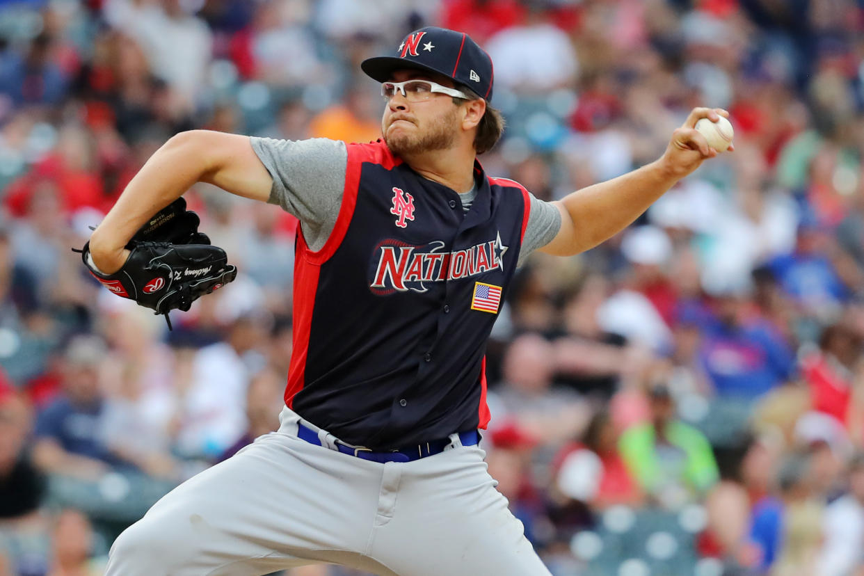 CLEVELAND, OH - JULY 07:  Anthony Kay #27 of the National League Futures Team pitches during the SiriusXM All-Star Futures Game at Progressive Field on Sunday, July 7, 2019 in Cleveland, Ohio. (Photo by Alex Trautwig/MLB Photos via Getty Images)