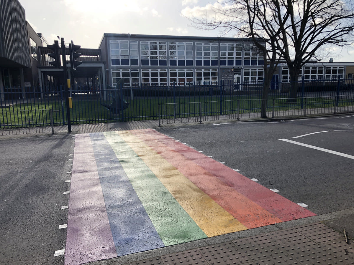The rainbow crossing at Woodside High School in Wood Green, north London. (SWNS)