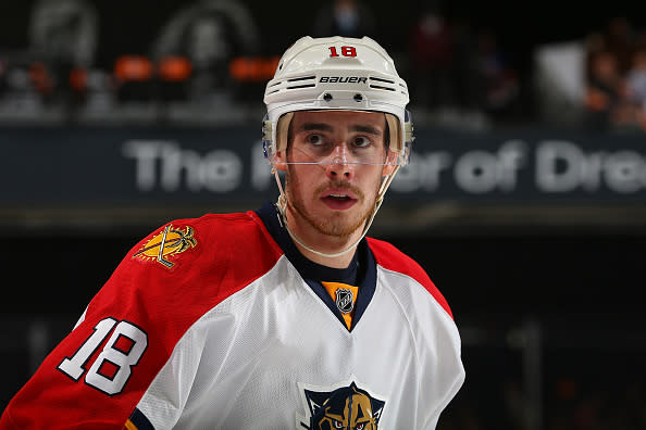 NEW YORK, NY - APRIL 20: Reilly Smith #18 of the Florida Panthers skates against the New York Islanders in Game Four of the Eastern Conference First Round during the NHL 2016 Stanley Cup Playoffs at the Barclays Center on April 20, 2016 in Brooklyn borough of New York City. The Panthers defeated the Islanders 2-1. (Photo by Mike Stobe/NHLI via Getty Images)